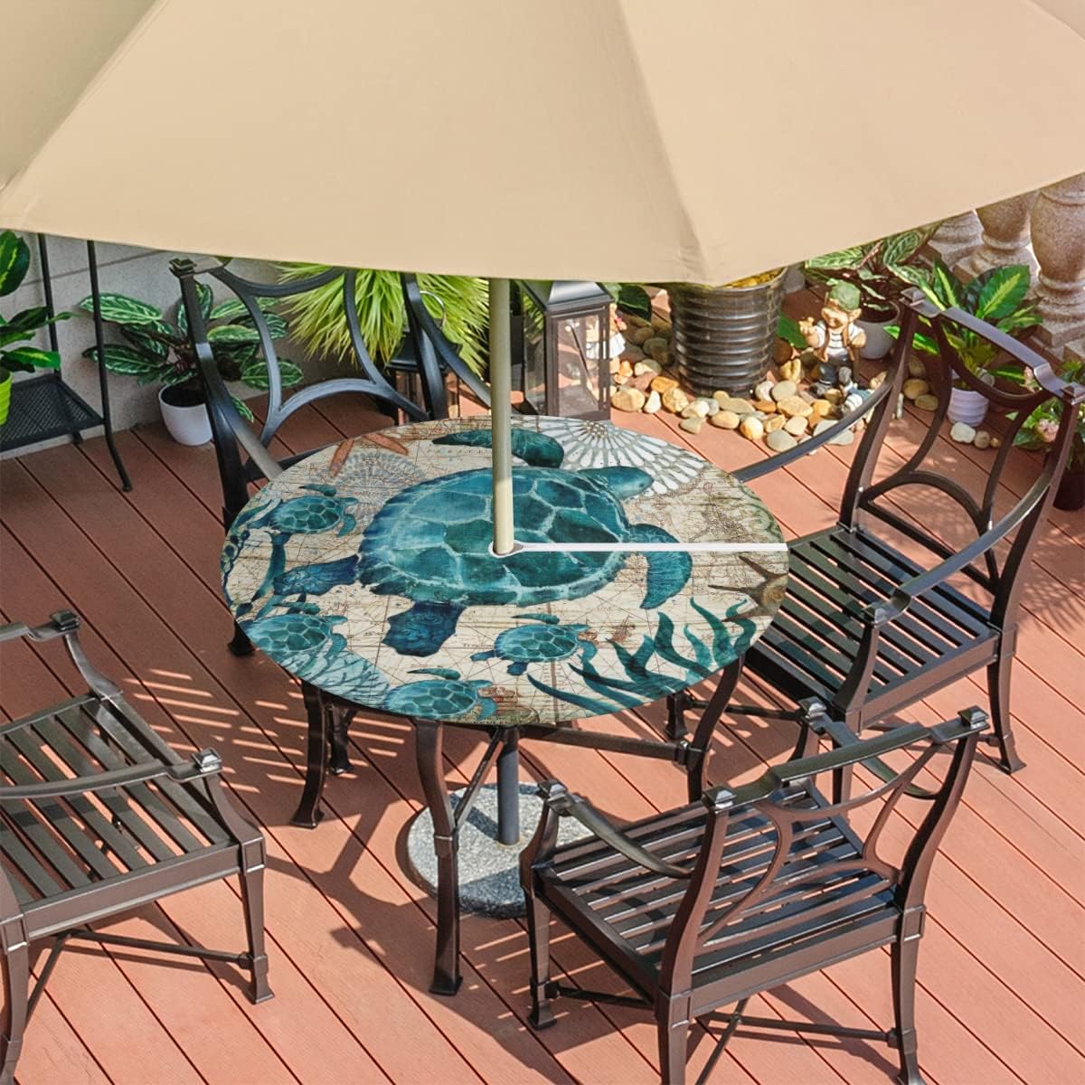 Bardic Vintage Turtle Round Outdoor Fitted Tablecloth with Umbrella Hole Zipper, Ocean Sea Turtle Elastic Edged Table Cloth Waterproof Wipeable Table Cover for Patio Party Picnic, 36"-44"