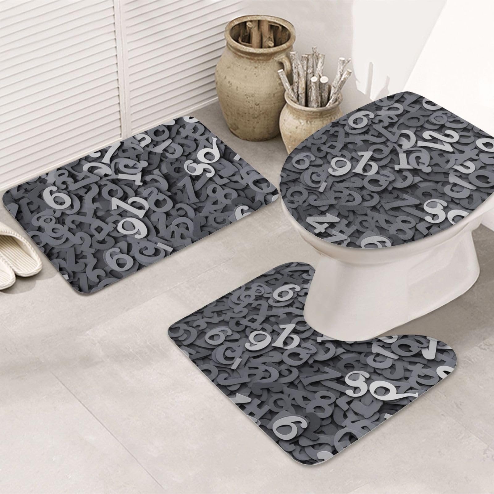 Tapis de salle de bain super doux haut de gamme lot de 3 motifs chiffres gris