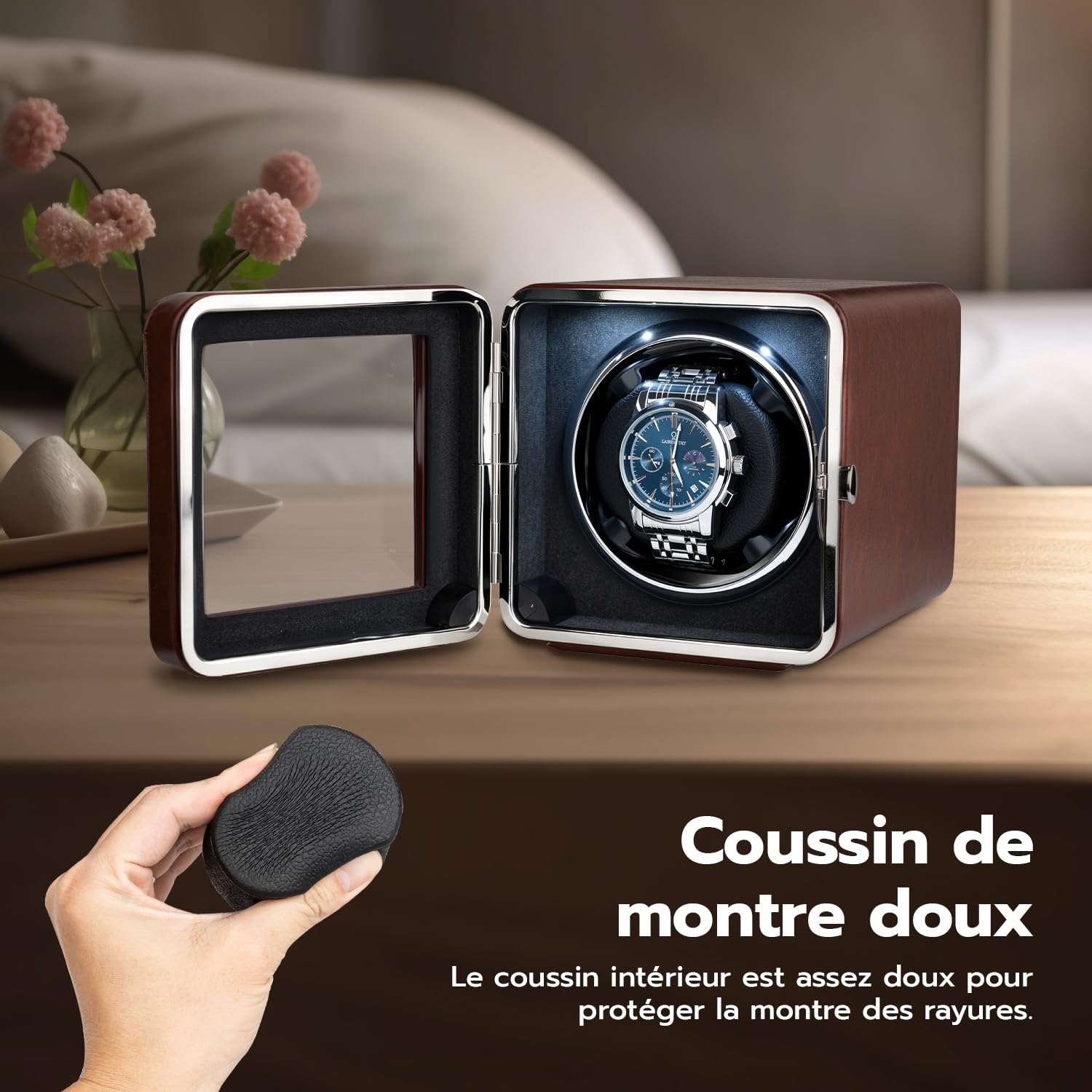 Mcbazel Remontoir 1 Montre Automatique - Moteur Ultra Silencieux avec Lumière LED, 4 Modes de Rotation, Boîte en Cuir PU, Affichage à 90° pour Montres Automatiques/Alimenté par USB – Marron