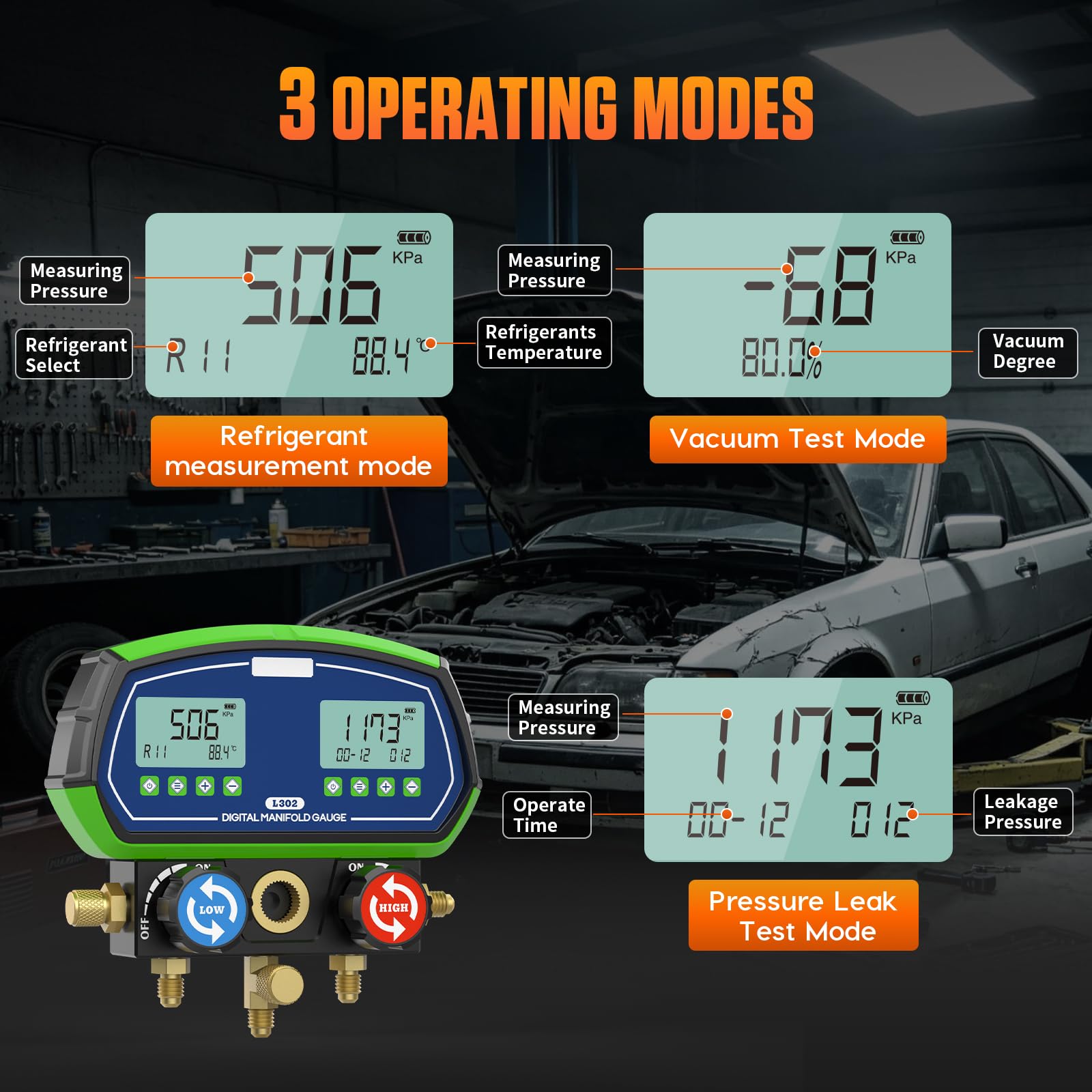 Digital Manifold Manometer, L302 Kältemittelanzeige HVAC -Verteilermessgerät für R32 R134a R410a 90 usw, Intelligenter Verteiler Mechnical Manifold Terminator