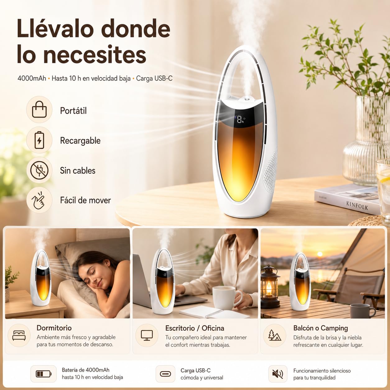 Ventilador sin Aspas con Nebulizador, Ventilador de Sobremesa Recargable 4000 mAh con Luz Nocturna LED, 9 Velocidades, Temporizador 1-9H, Oscilación 70°, USB para Dormitorio Oficina Camping (Weiß)
