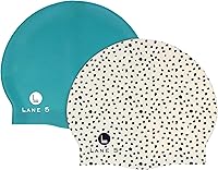 Vista 2 de Lane5 Swim - Pack de 2 gorros de natación de silicona para adultos, hermosos diseños para mujer. Sin látex. Estampado de manchas y azul sólido