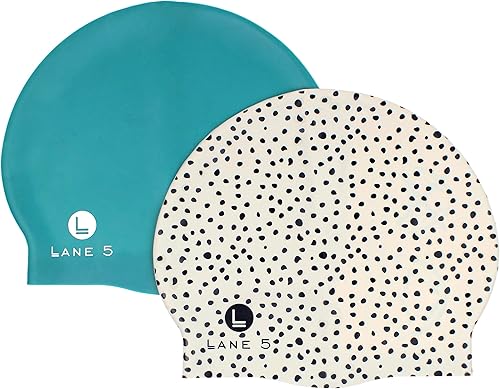 Miniatura 2 de Lane5 Swim - Paquete de 2 gorros de natación de silicona para adultos, hermosos diseños para mujer, sin látex, estampado de manchas y azul sólido