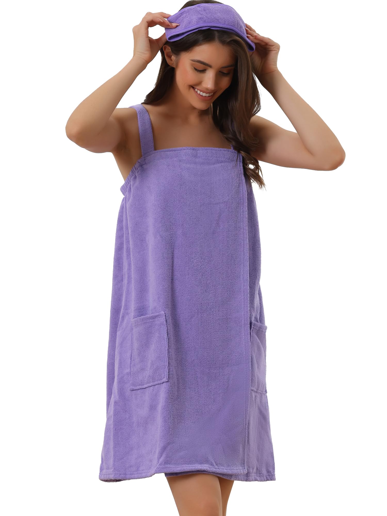 cheibear Womens Towel Dress Terry Wrap Bathrobe Spa Towelling Robe with Strap for Gym Shower Bath