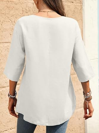 Women's 100% Linen Pure Henley Shirts Crew Neck Casual Blouse