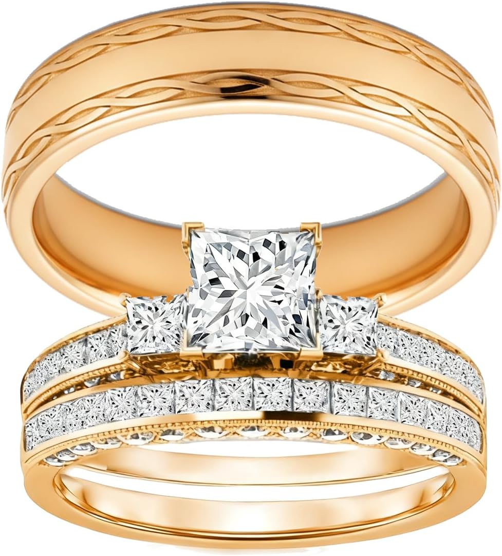 S925 Silver 10K 14K 18K Gold Couple Wedding Bands Ring Set for Women and Men 1-3 Carat Moissanite Couple Matching Engagement Rings Set 3pcs Bridal Rings Sets for Her and Him Free Engraving