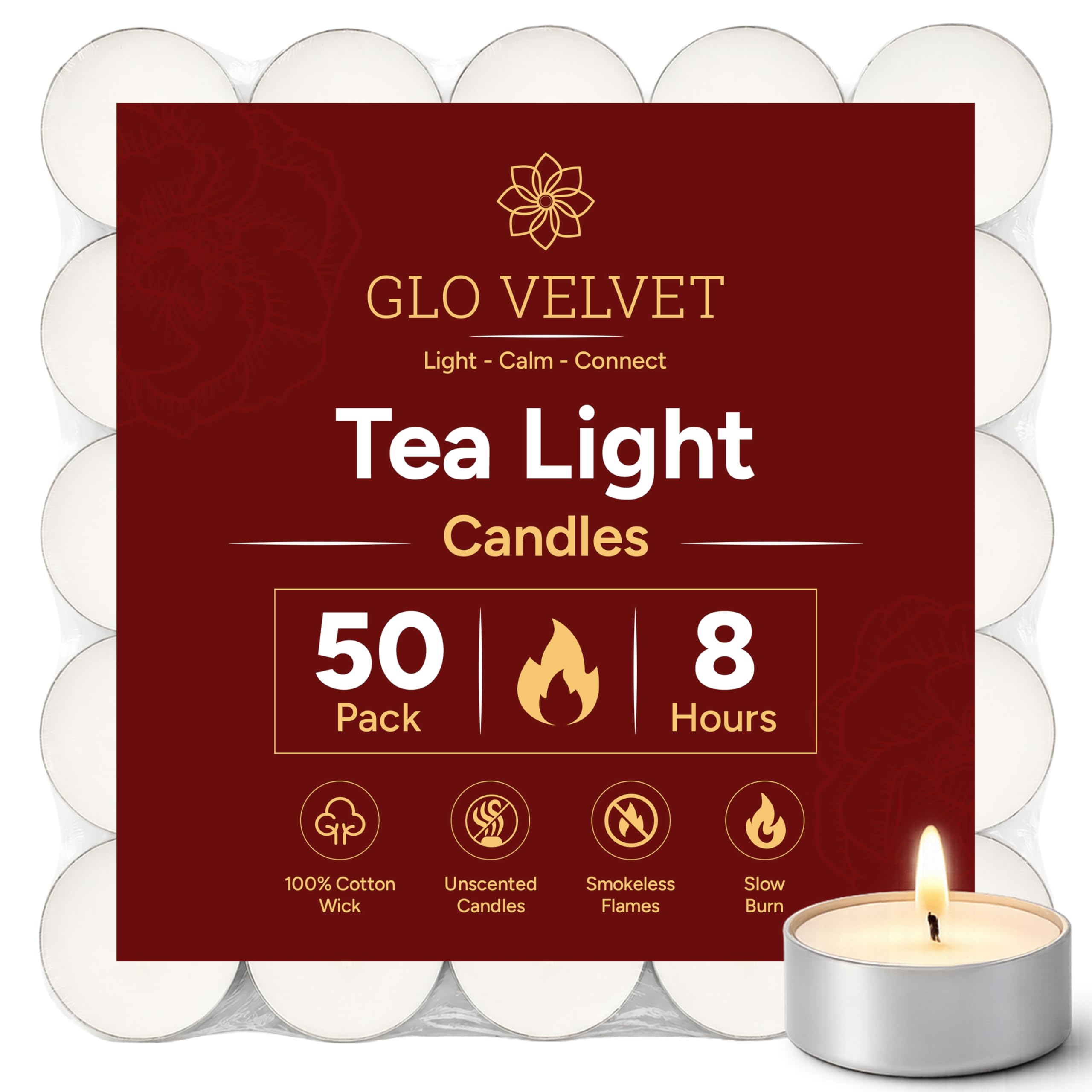 Glovelvet Tea Lights 8 Hour Burn (50 Pack) - Unscented White Tealight Candles, Long Burning, Cotton Wicks, Clean & Smokeless, 3.8 x 2.3 cm - for Wax Melt Burners, Home Décor & Events