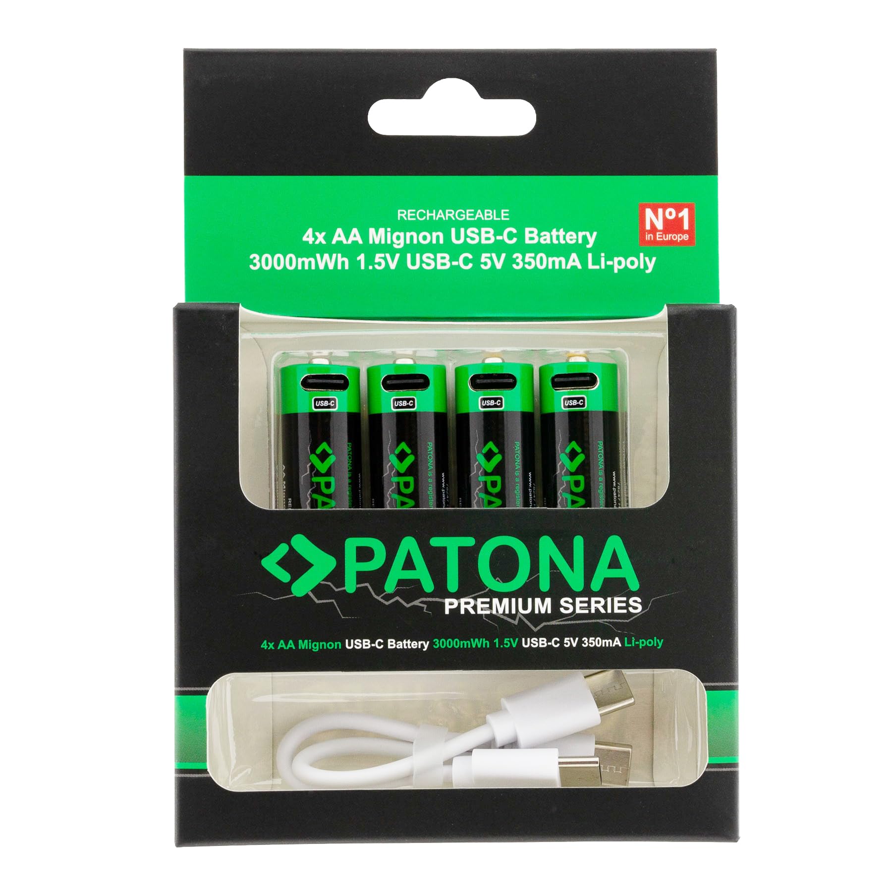 PATONA 4x AA Mignon batterie ricaricabili USB-C, 1,5V / 3000 mWh (2000 mAh) – per controller, giocattoli, telecomandi, flash e mouse – cavo USB-C 1-a-2 incluso, niente caricatore esterno