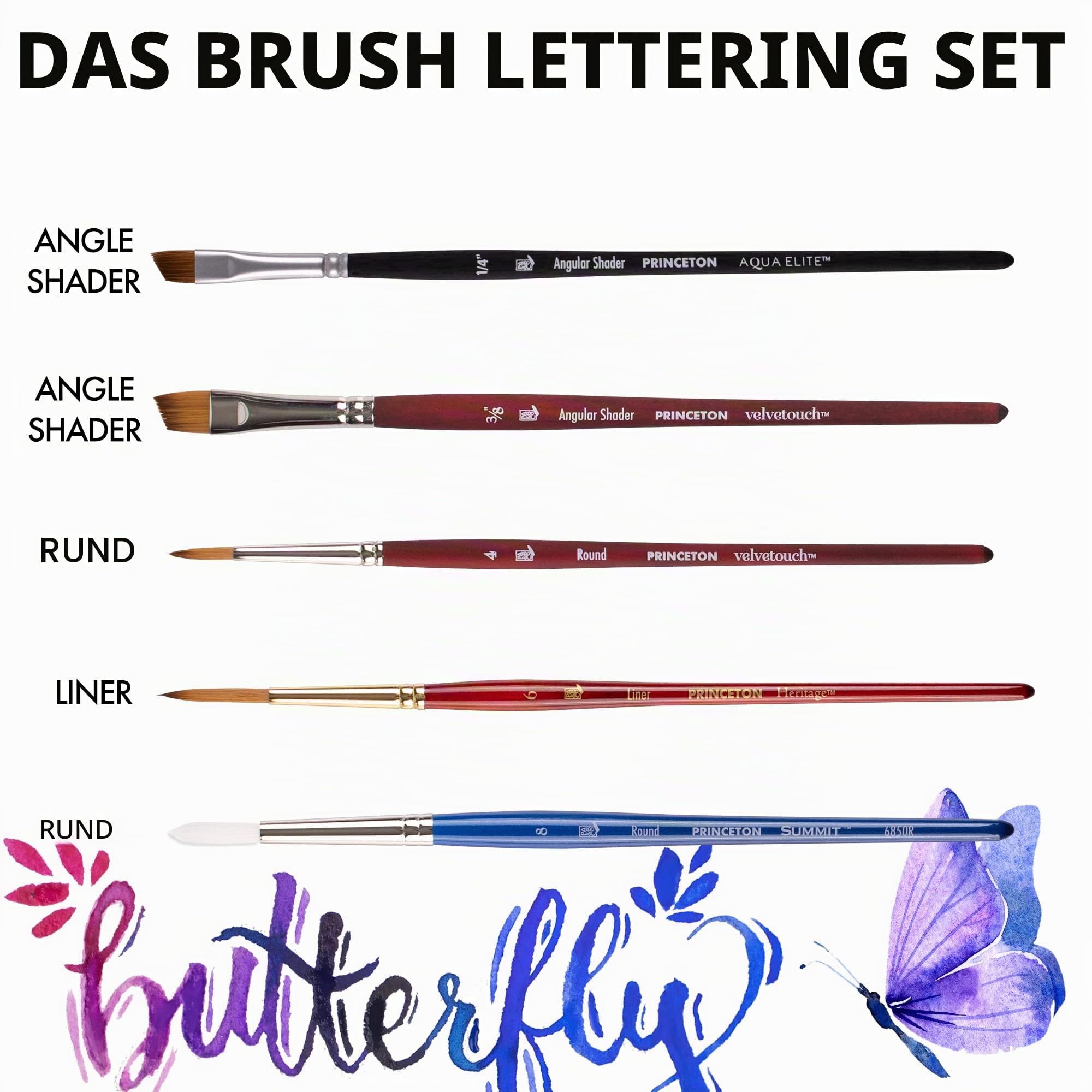PRINCETON Artist Brush Set, Lettering Pinselset, 5 sortierte Pinsel für Lettering