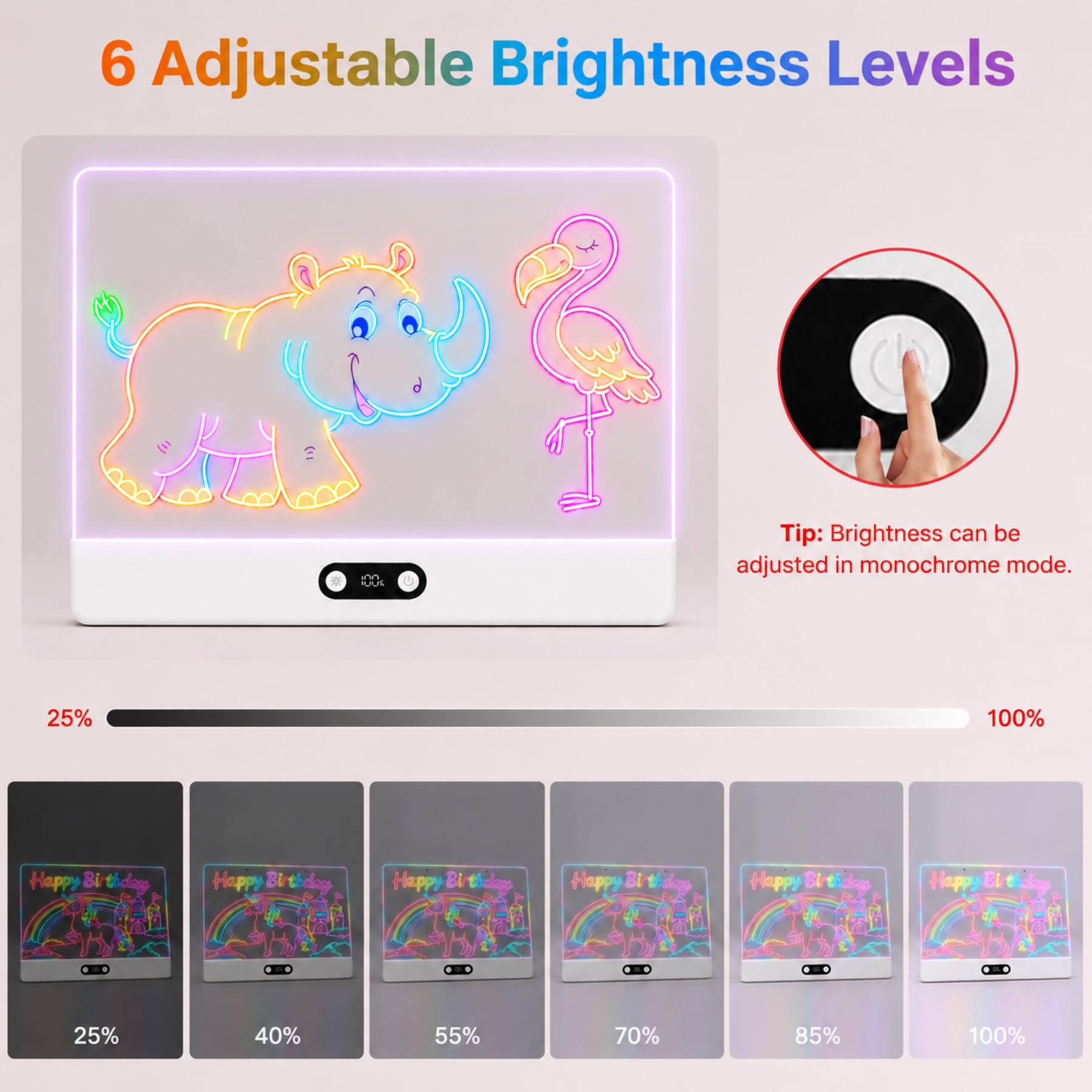 sylvwin Tableau à dessin LED avec couleurs, tableau notes avec 8 couleurs, 3 modes d'éclairage, rechargeable, en acrylique, cadeau créatif, jouet pour enfants/adolescents, blanc