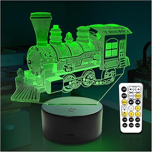 Luz nocturna de tren de vapor, lámpara de ilusión 3D para niños, multicolor cambiante con control remoto de temporizador, trenes de juguete, regalos