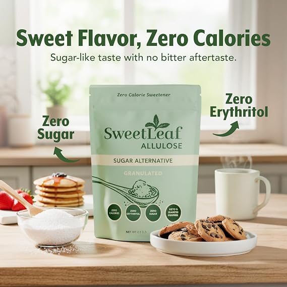 SweetLeaf Allulose Sweetener Granulated - Zero Calorie Sugar Substitute for Baking & Coffee, Keto-Friendly Sugar Alternative, Zero Erythritol, Non GMO - Bulk 2.5 lb Bag