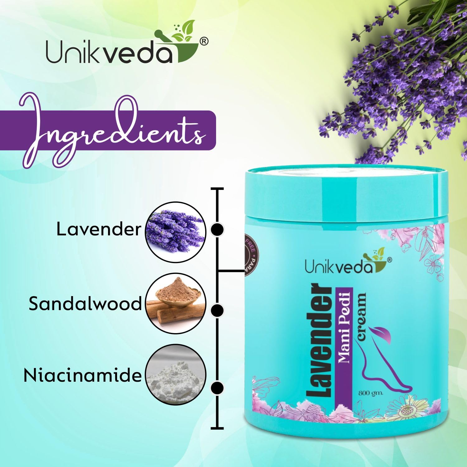 UNIKVEDA Lavender Mani-Pedi Cream with Lavender, Vitamin-E and Sandalwood Extract for Smoothing and Toning 800ml 1