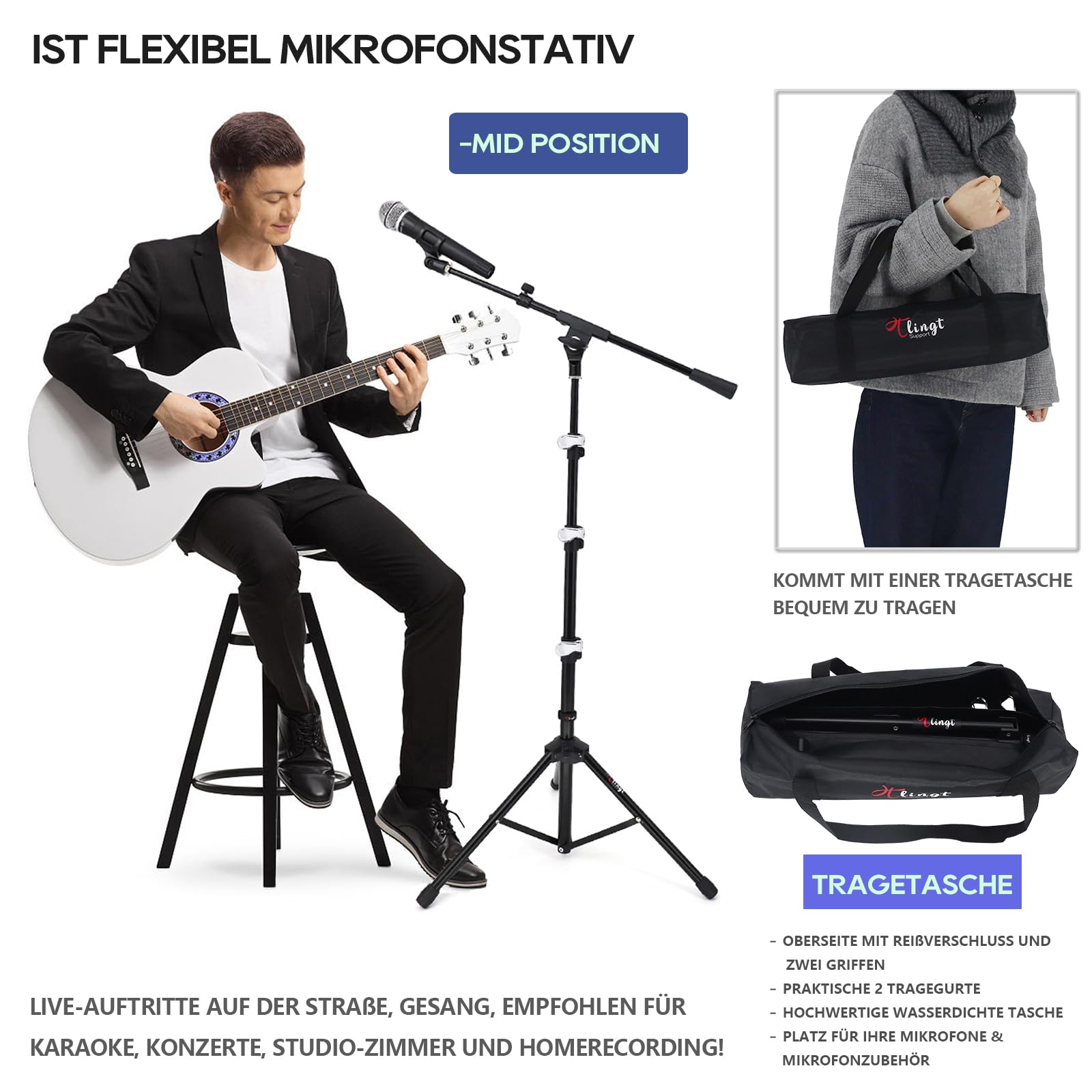 Mikrofonständer, Mikrofonstativ Tragbarer Mic Stand Mit Galgen, Easygo Mikrofonstativ mit Teleskoparm, Wasserdichte Deluxe-Schutztasche von Tlingt Support