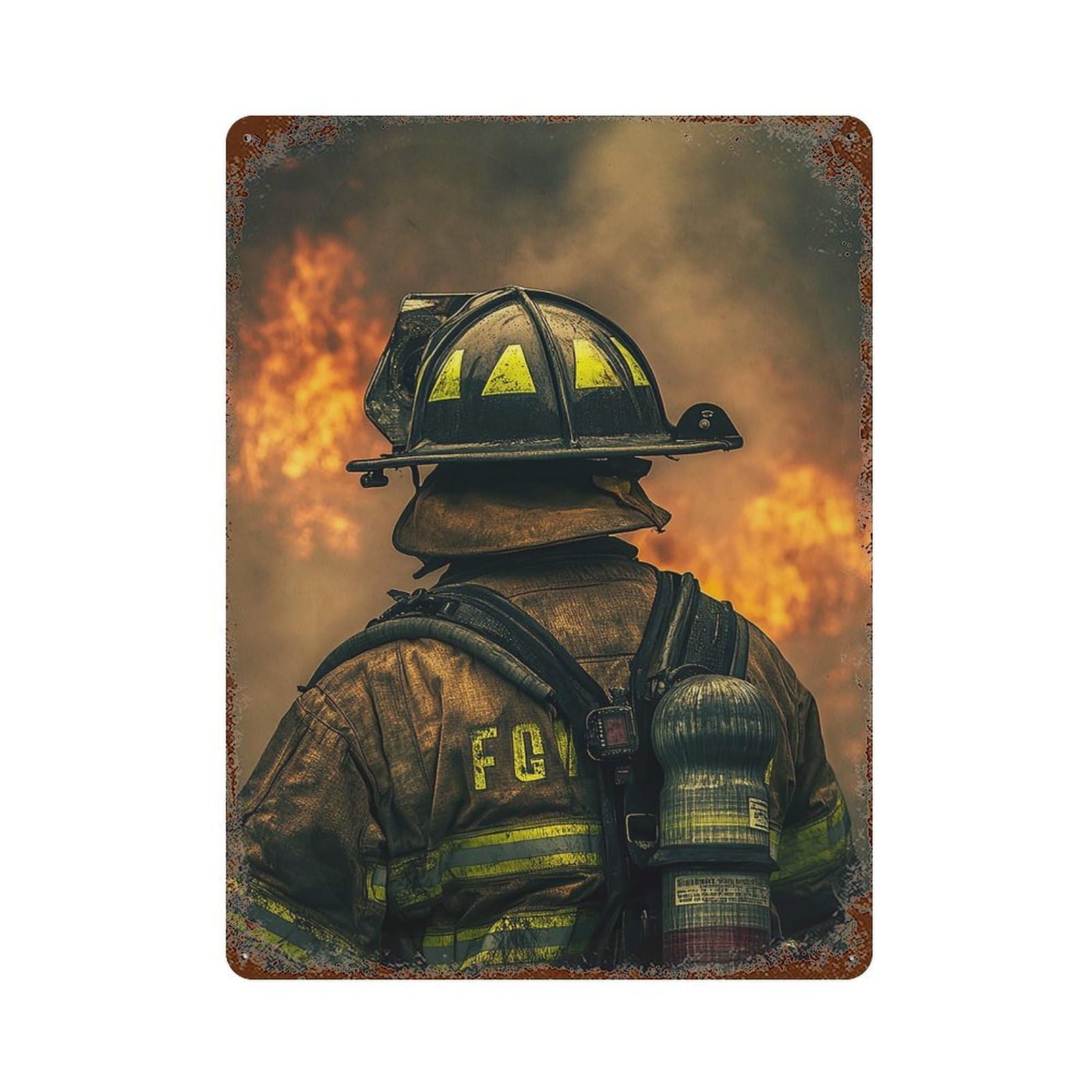 Vintage Rust Metal Sign with Firefighter in Action Design 15.7"x11.8", for Garage, Bar And Workshop Decor, Retro Wall Decor