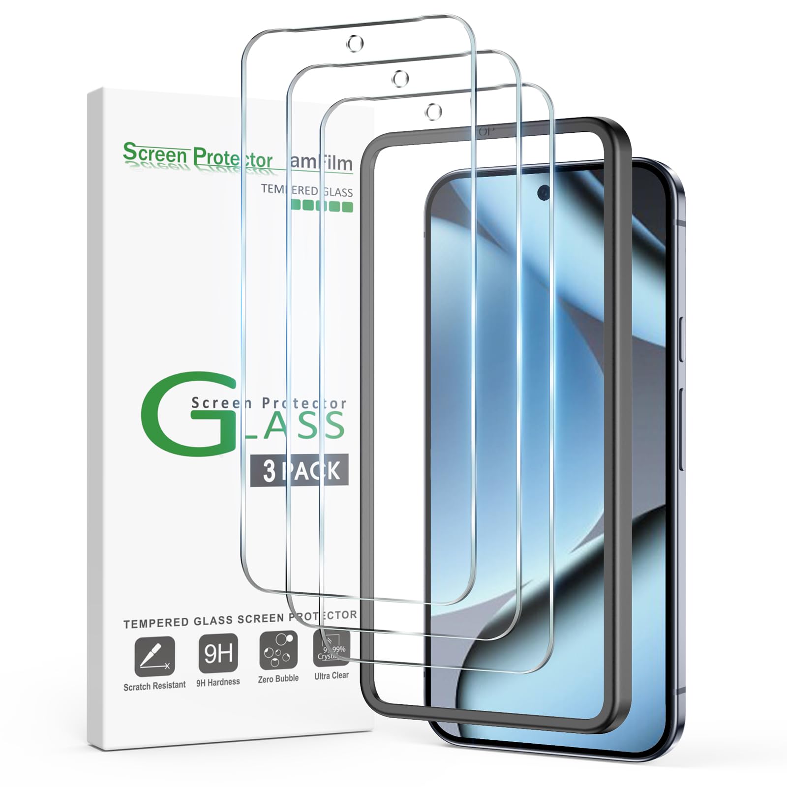 amFilm Designed for Google Pixel 9 Pro/Google Pixel 9 Screen Protector 6.3" Tempered Glass, Ultrasonic Fingerprint Compatible, Easy Installation Frame, Anti Scratch, Bubbles-Free, Case Friendly,3 Pack