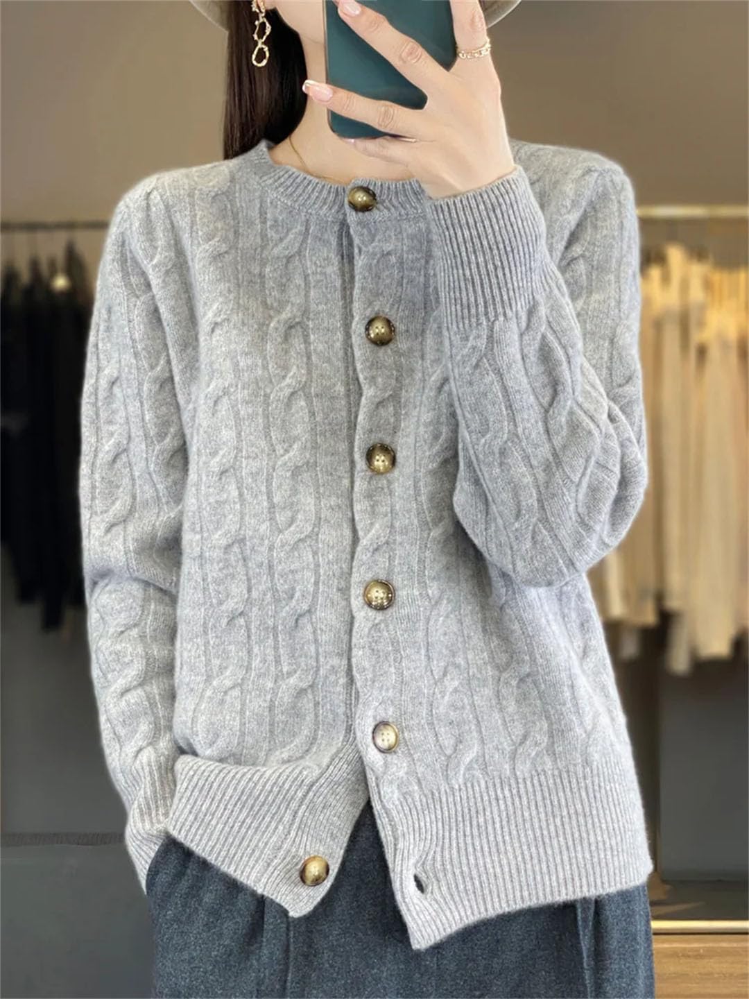 Cardigan O-Collo per Femminile Lana Merino Maglione Twist Fiore Manica Lunga Donne Abbigliamento Lavorato A Maglia