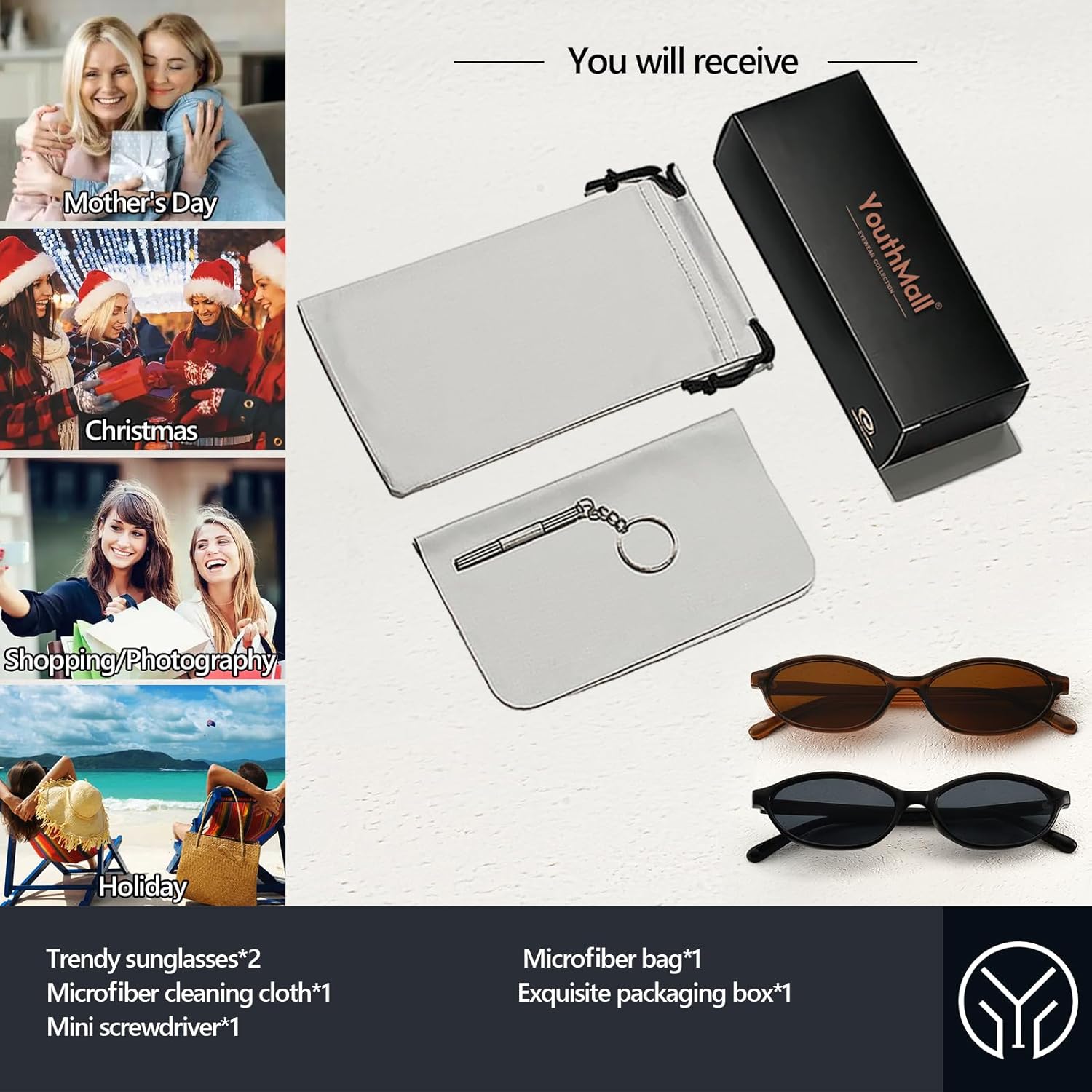 Retro Oval Sunglasses for Women Small Oval 90s Sunnies Trendy Narrow Cat Eye Vintage Shades 2 Pack - Image 9