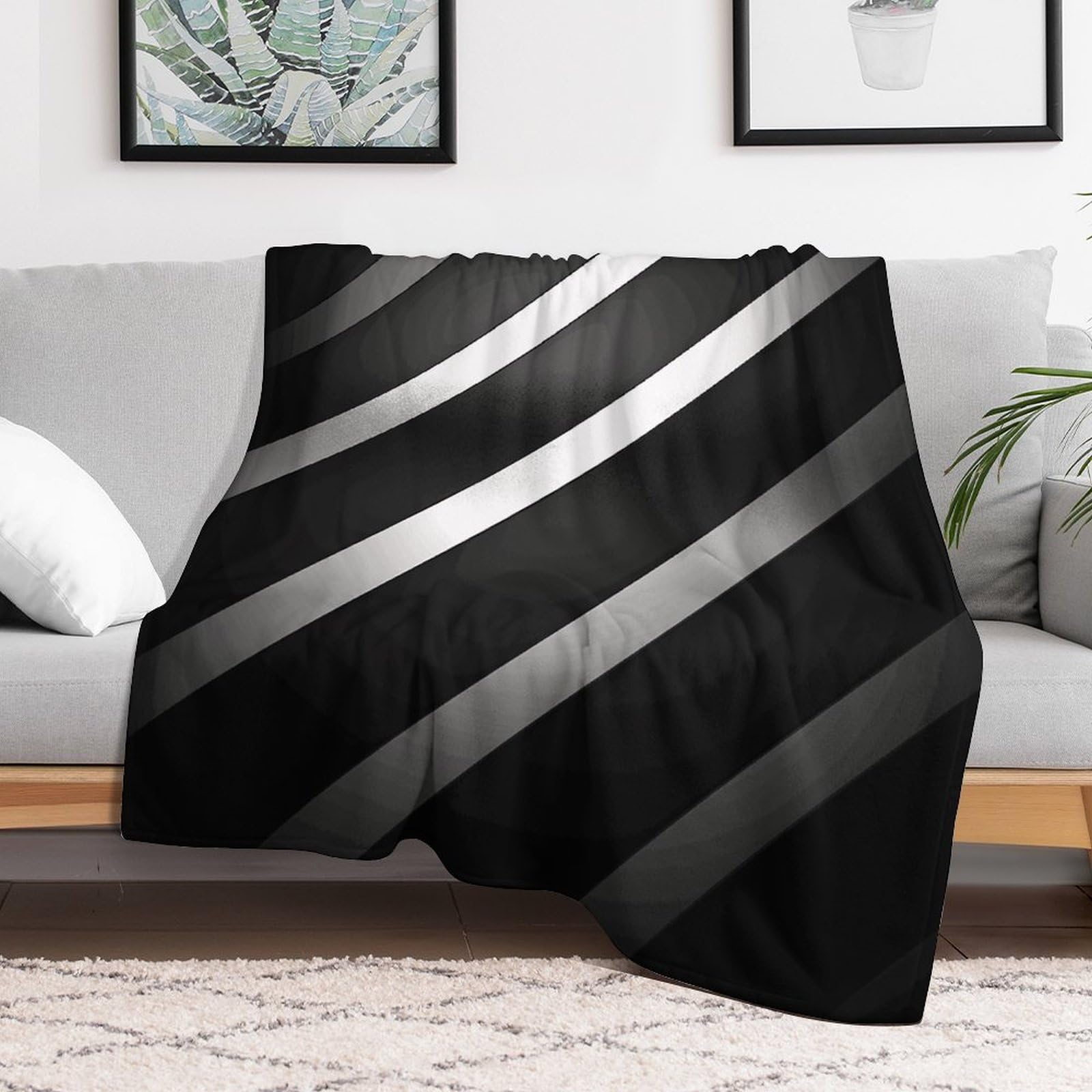 Couverture climatisation lit et canapé grand plaid rayé noir et blanc