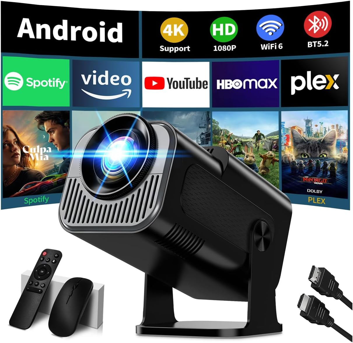 [Built-in Apps & 2026 Upgraded] Mini Projector Support 4K 1080P Auto Keystone 270° Rotatable with WiFi 6 and Bluetooth 5.2 Projector Portable Compatibile with HDMI/TV Stick/Memory Stick/Laptop,Black