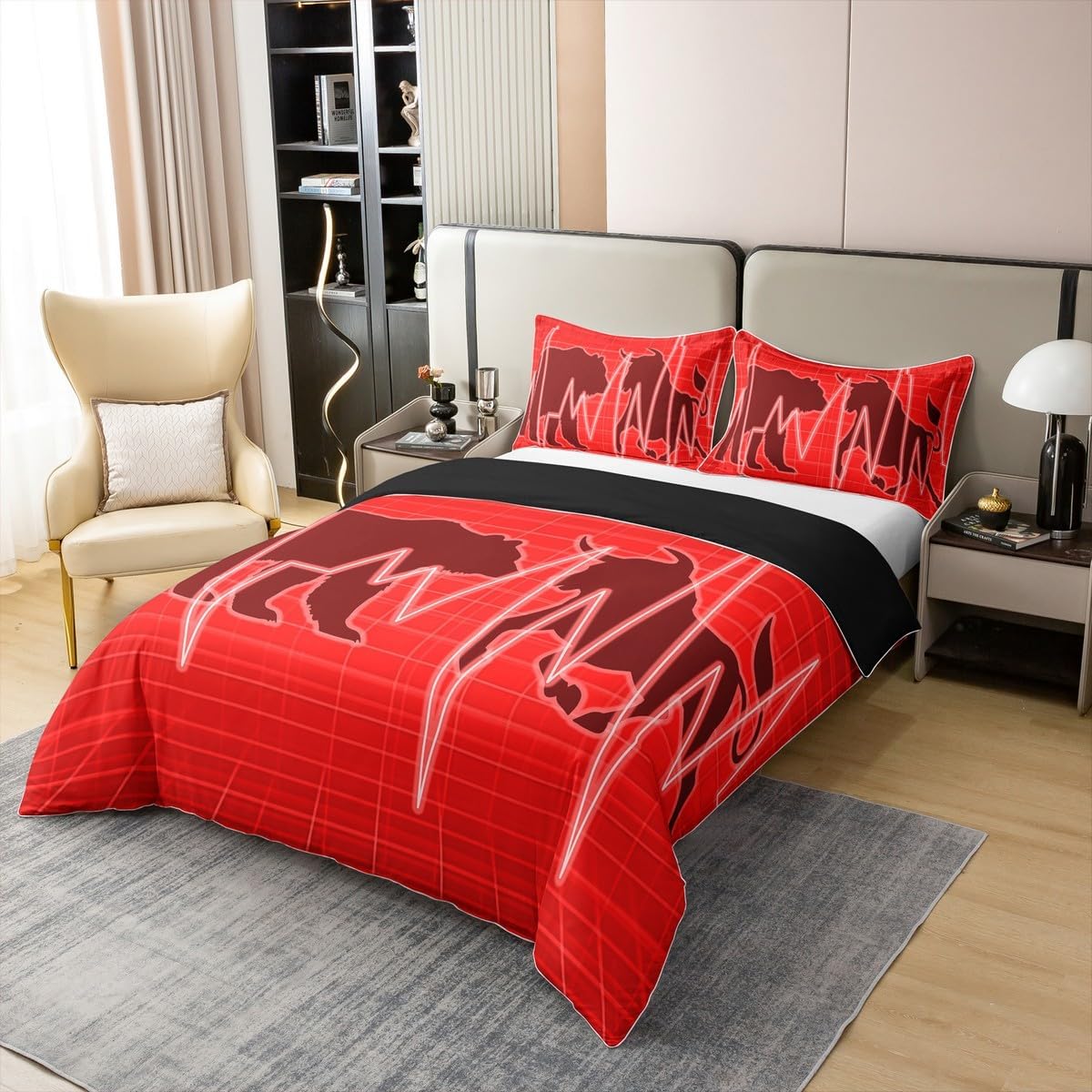 Manfei 100% Cotton Bear and Bull Silhouette Duvet Cover,Nature Wild Animal Fight Comforter Cover(No Filler),Geometric Neon Red Plaids Heart Waves Patchwork Decorative Quilt Cover,3Pcs Full Size