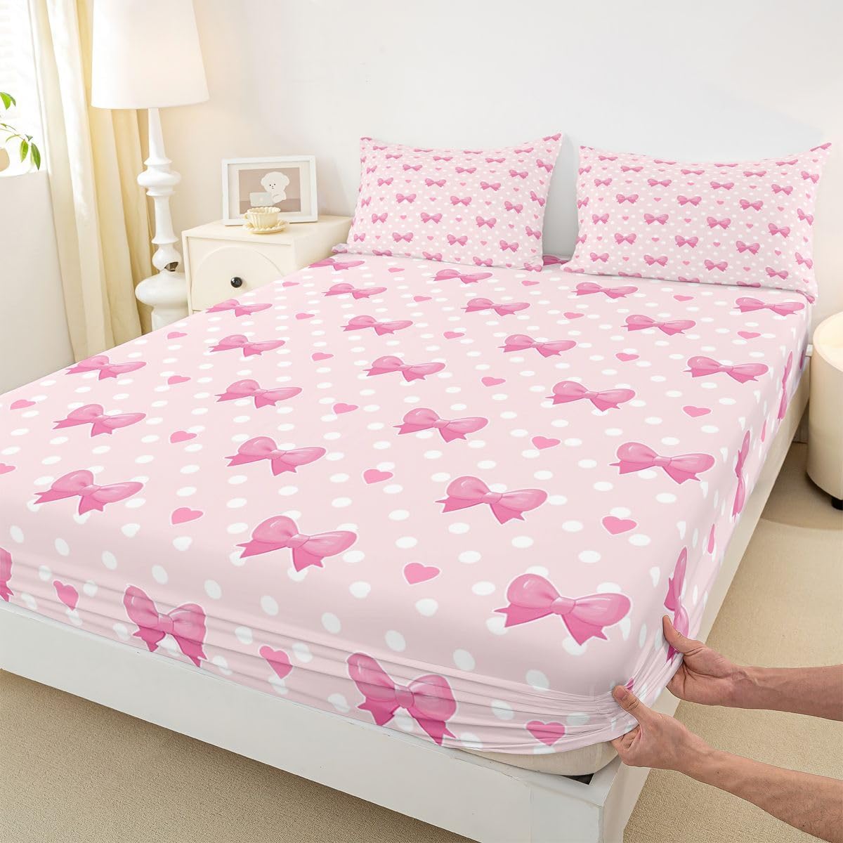 Kawaii Bowknot Fitted Sheet Full Size,Girly Pink Heart Shape Soft Fabric Deep Pocket Kids Mattress Cover,Cute Dots Lovely Princess Bed Cover with 2 Pillowcases (No Flat Sheet)