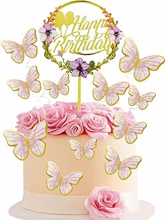 Sponsored Ad - The Pack of 12, Butterfly cake toppers, Acrylic Gold Flower Happy Birthday Cake Topper, Cupcake Toppers for...