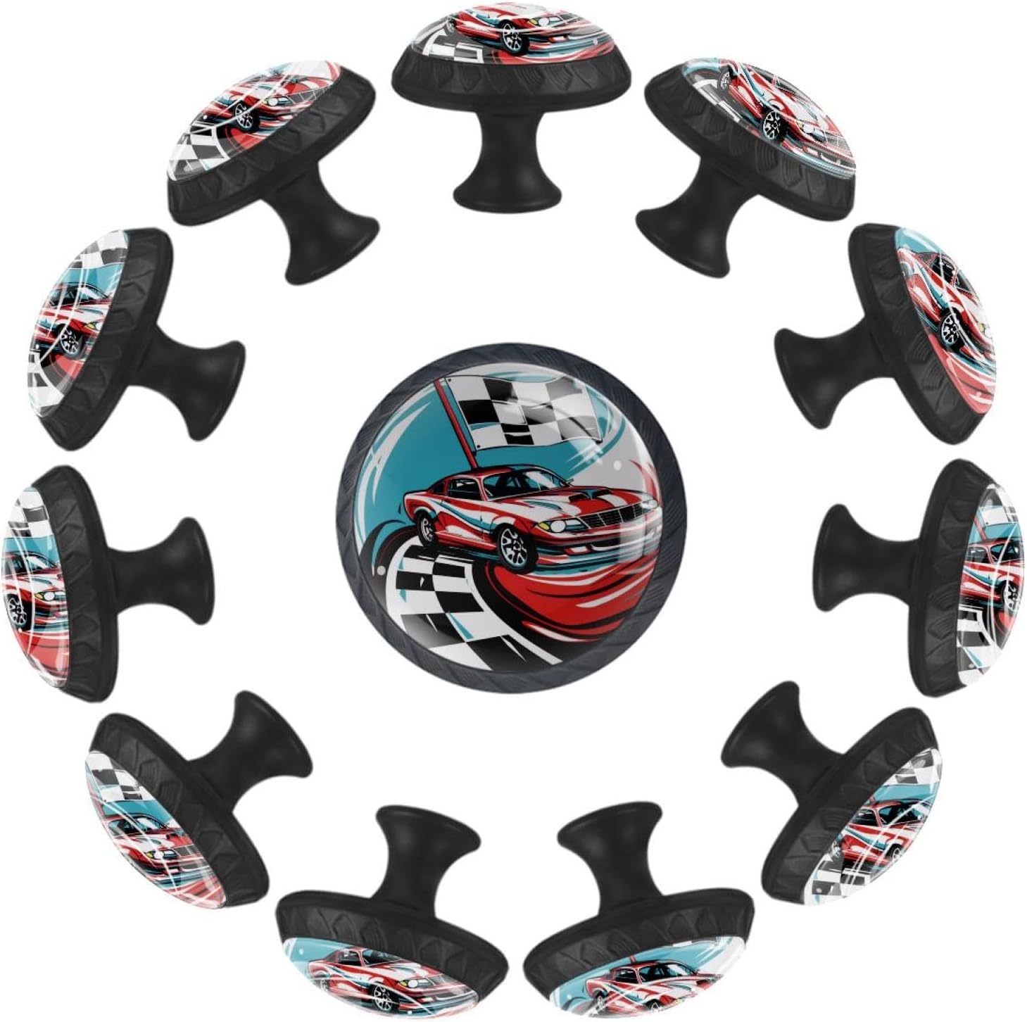 12 Pieces Speeding Racing Car with Checkered Flag Pattern Glass Knobs for Dresser Drawers, 1.37 x 1.10 in Round Kitchen Cabinet Pulls for Home Office Nursery Kids Room