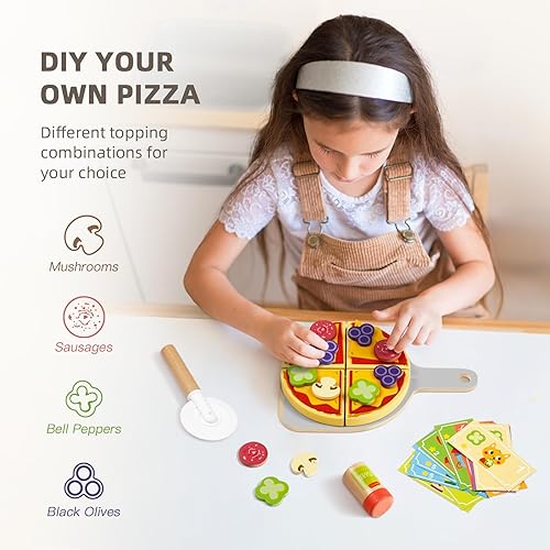 Miniatura 4 de OOOK Juguete de pizza de madera para niños, juego de contador de pizza, horno de pizza de juguete, juguetes Montessori con comida de juguete, horno