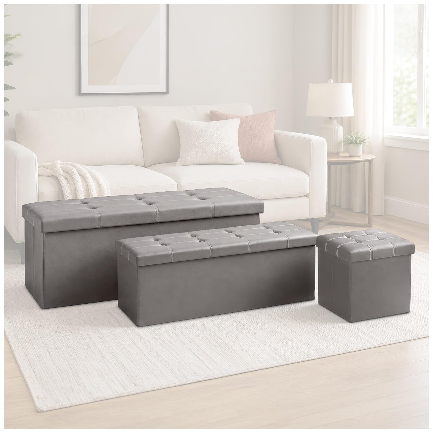 GC GAVENO CAVAILIA Faux Leather Ottoman Storage Box With Lids, Grey