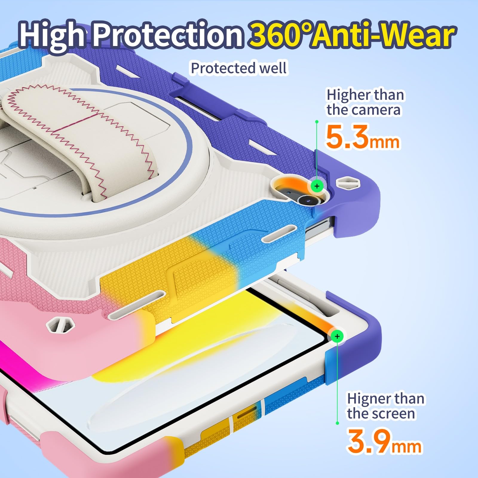 Generic etui kompatybilne z Samsung Galaxy Tab A9 8,7 SM-X110 X115 X117 (kolor: kolorowy niebieski) odporny na wstrząsy przód tył pełny twardy tył silikonowe etui z długim paskiem