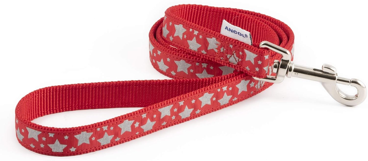 Ancol Reflective Stars Dog Lead Red Nylon Webbing with Paw and Bone Pattern – Ideal for Low Light Walks – 1.9m Length