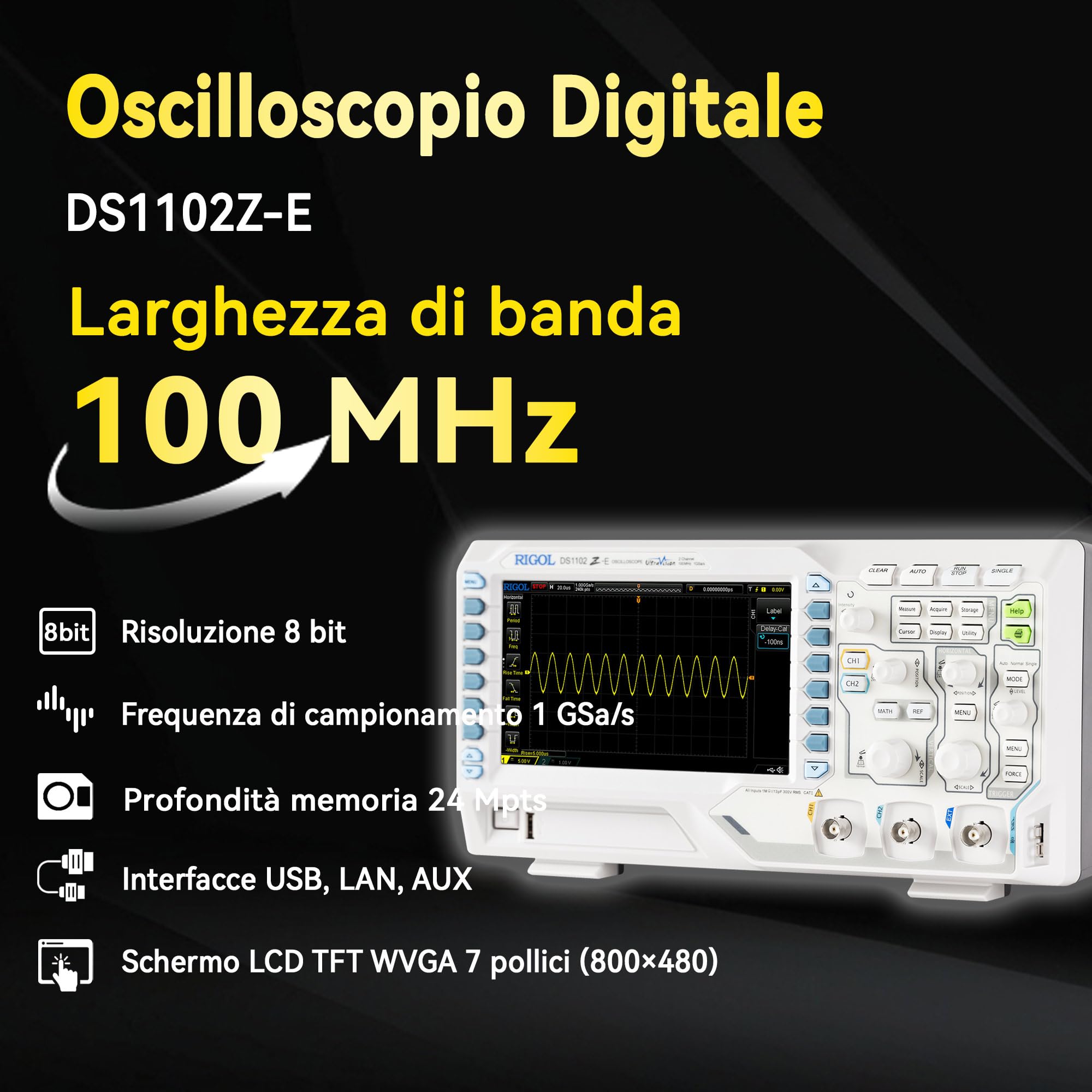 RIGOL Oscilloscopio,DS1102Z-E Oscilloscopio Digitale,100 MHz,2 canali+EXT,schermo fosforo HD 7",Alto rapporto qualità-prezzo,ideale per R&D,manutenzione e didattica in laboratorio