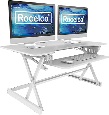 Rocelco 40" Large Height Adjustable Standing Desk Converter - Quick Sit Stand Up Dual Monitor Riser - Gas Spring Assist Computer Workstation - Retractable Keyboard Tray - White R DADRW-40