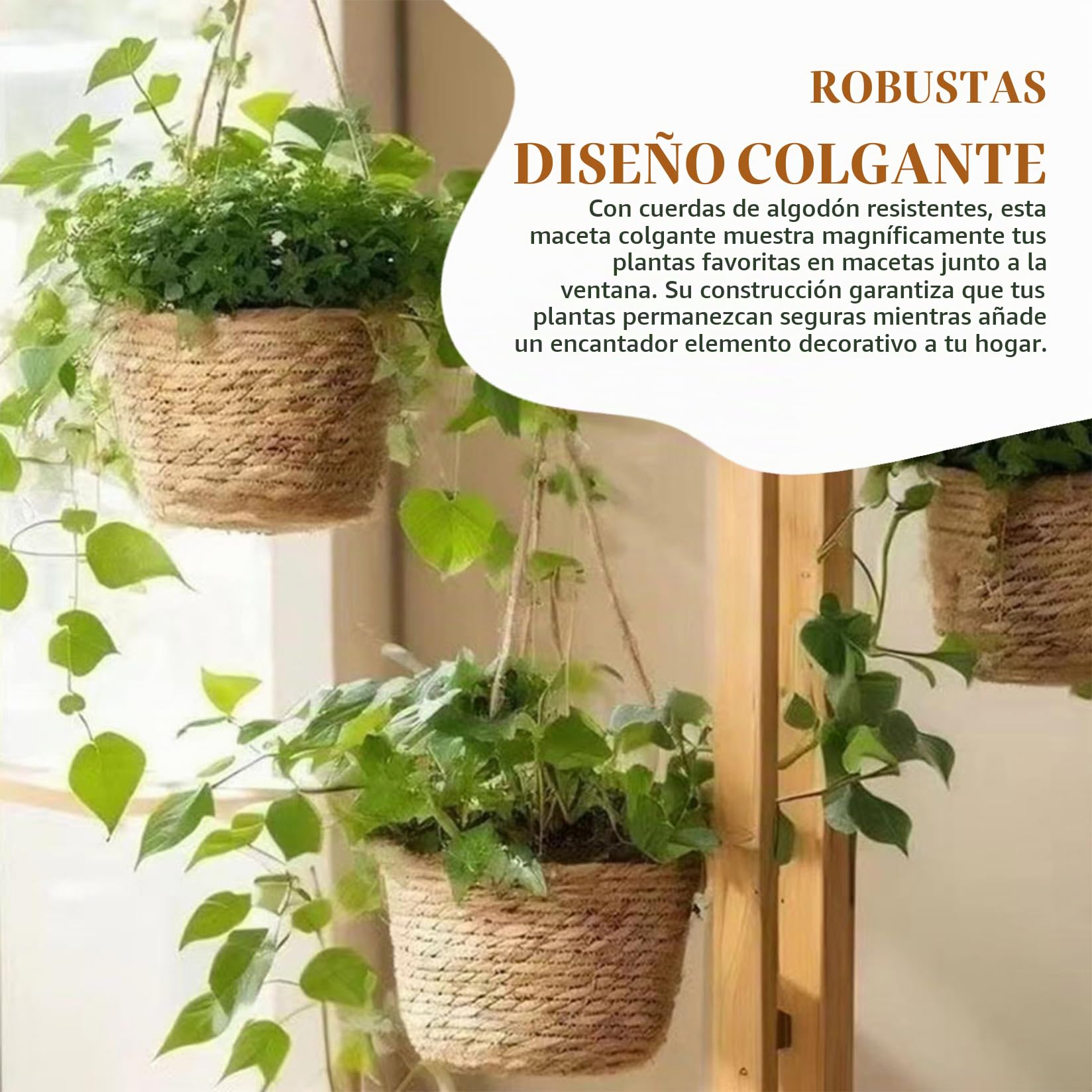 Cesta colgante de plantas de 3 piezas, cesta colgante de mimbre de 8x5 pulgadas para plantas, macetero tejido de interior con cuerda, de macetas rústicas bohemias para interiores, hogar y ofi