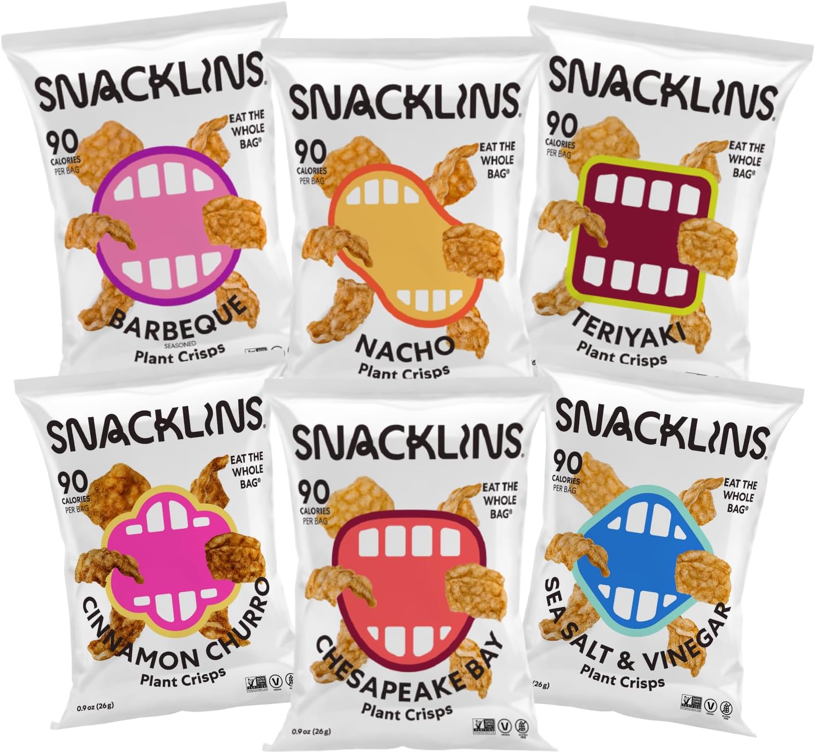 SNACKLINS Plant Based Crisps, Low Calorie Snacks, Vegan, Gluten-Free, Grain-Free, Healthy, Crunchy, Puffed Snack - Variety Pack - .9oz Bag (Case of 6)