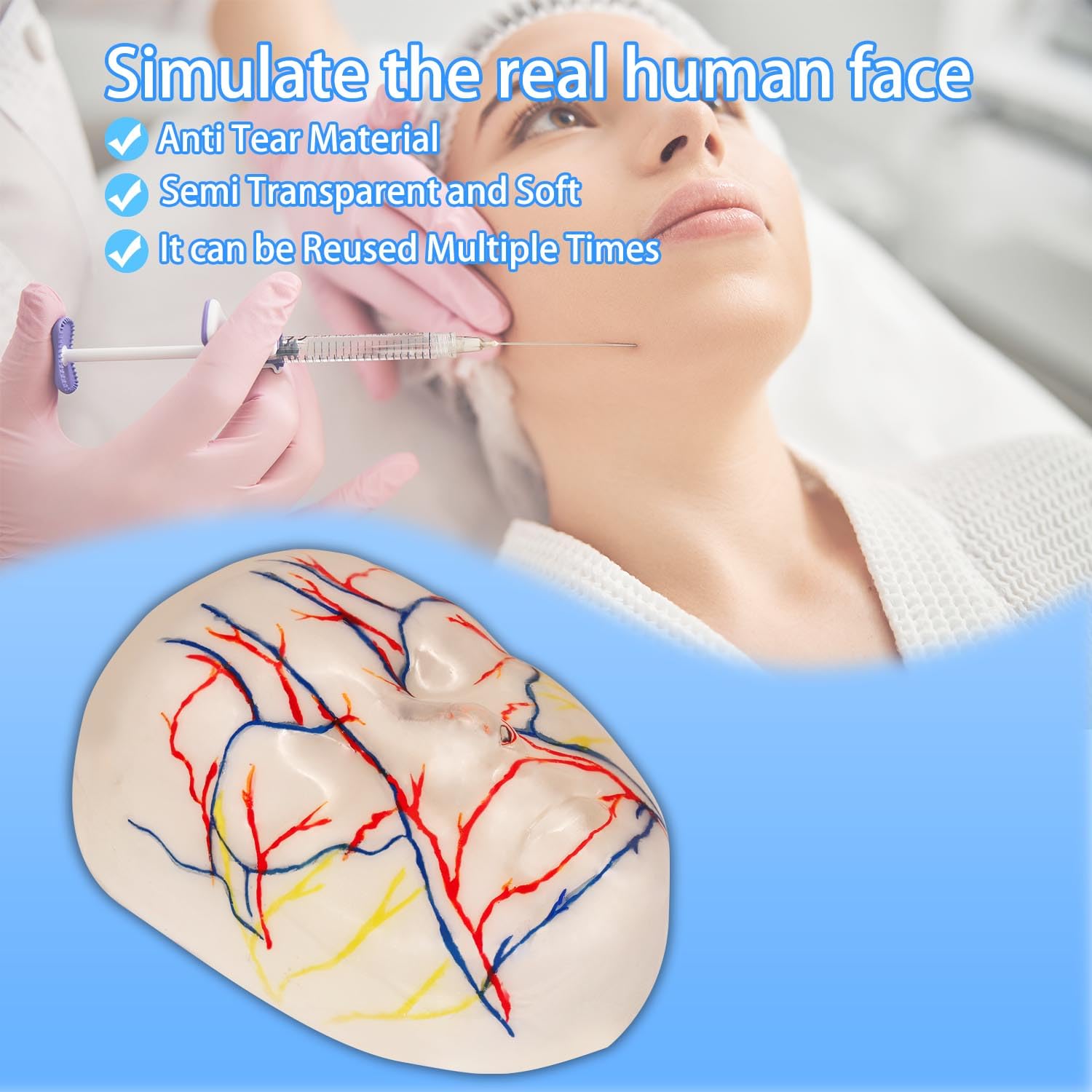 Injectable Facial Model - Reusable Cosmetic Injection Training Model with Marked Blood Vessels & Nerves, Ideal for Facial Cosmetic Training.