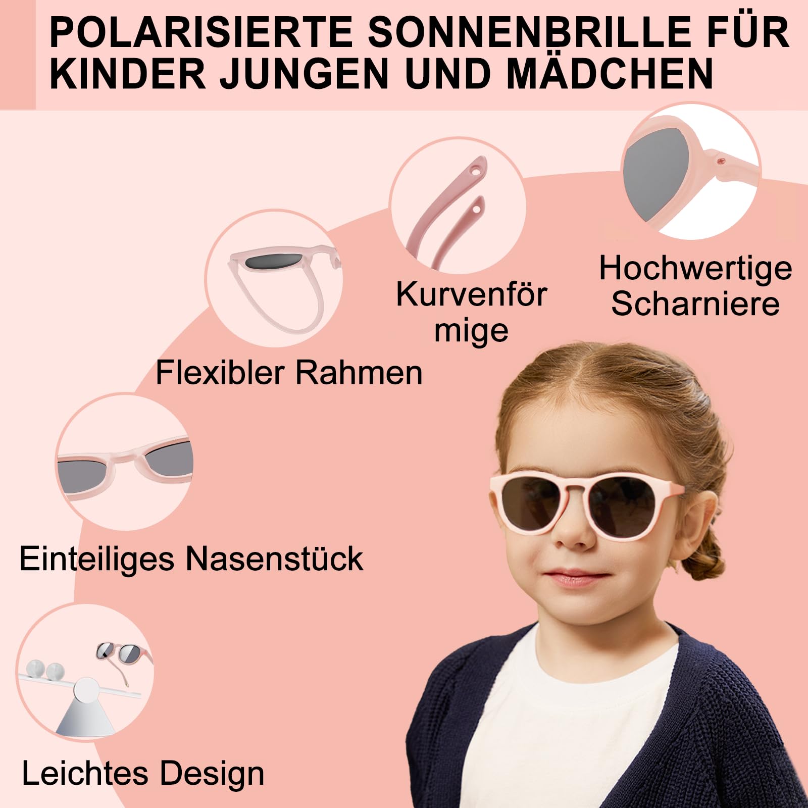 lunettes de soleil bébé 0-36 mois, Protection UV400 Polarisée, avec étui à lunettes de soleil et chiffons de nettoyage, bandeau ajustable, monture polarisée flexible - Pour Enfant