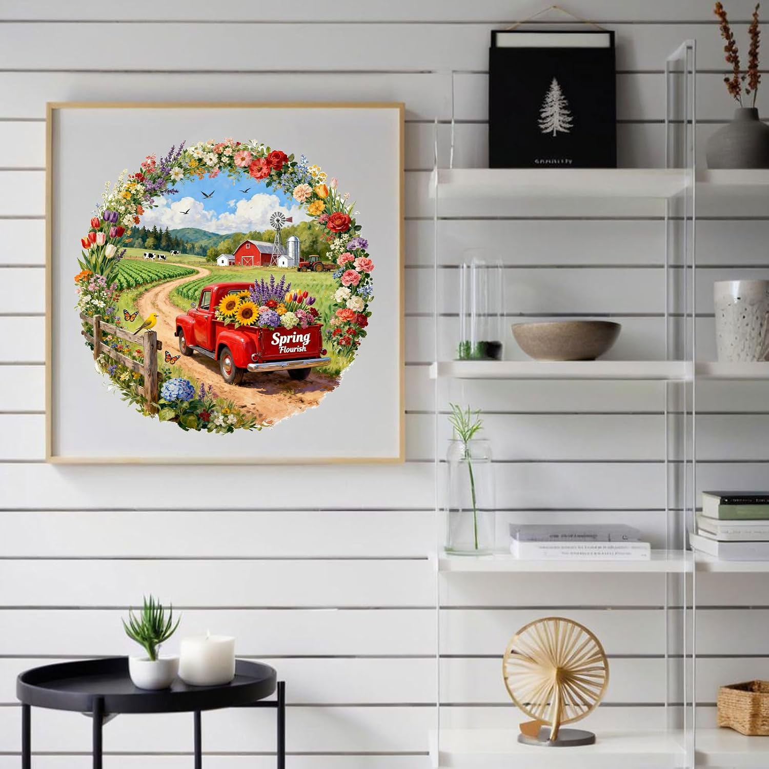 Springtime Farmstead Wooden Jigsaw Puzzle for Adults - 300 Pieces, 13.4" x 13.5" - Unique Floral Art Puzzle with Creative Shapes, Perfect Seasonal Gift