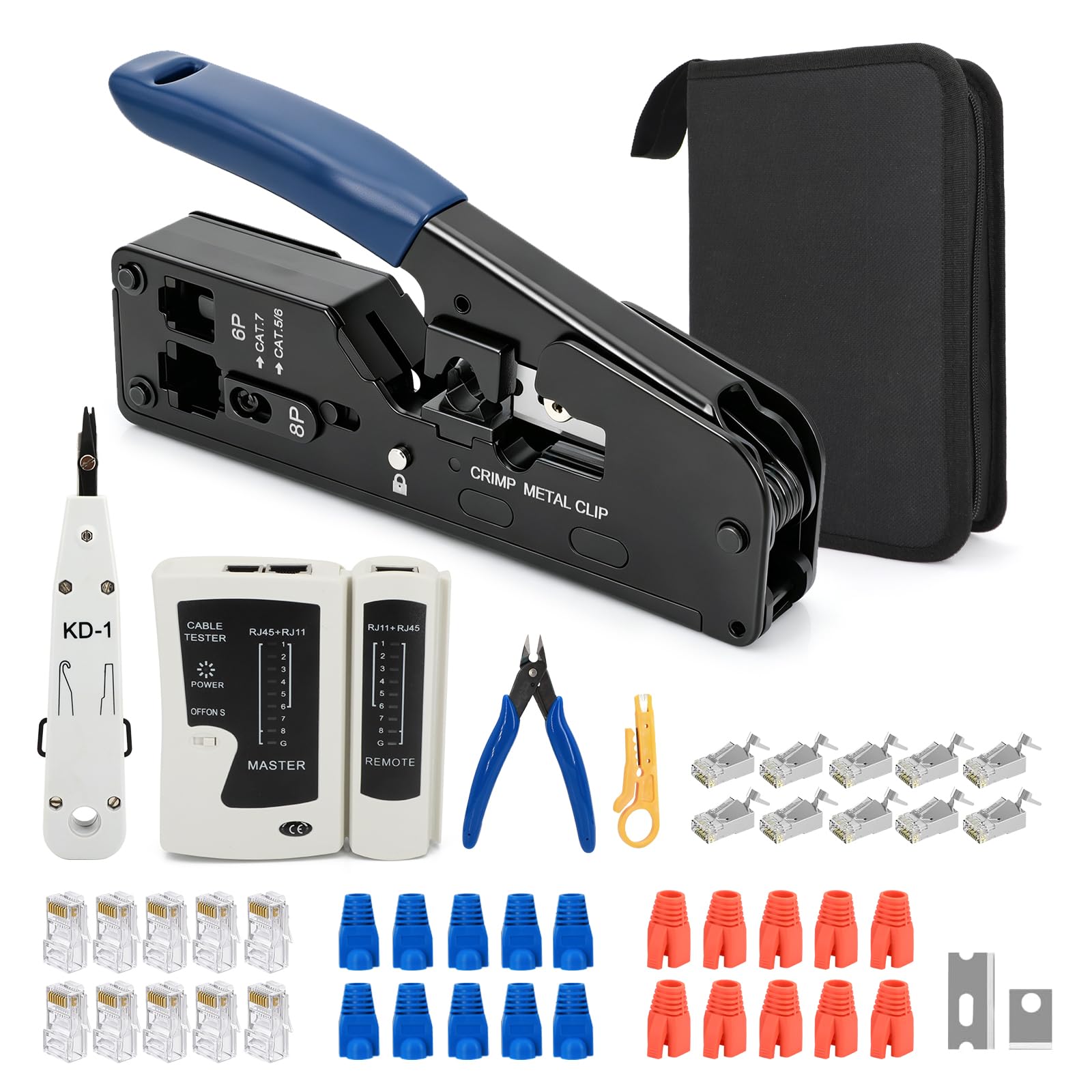 Kit Crimpadora RJ45 12 en 1 con Probador, para Cat5/Cat6/Cat7 | Crimpa, pela y corta en un solo paso, con probador hasta 200m. 20 conectores y fundas incluidas. Listo para usar con T568A/B.