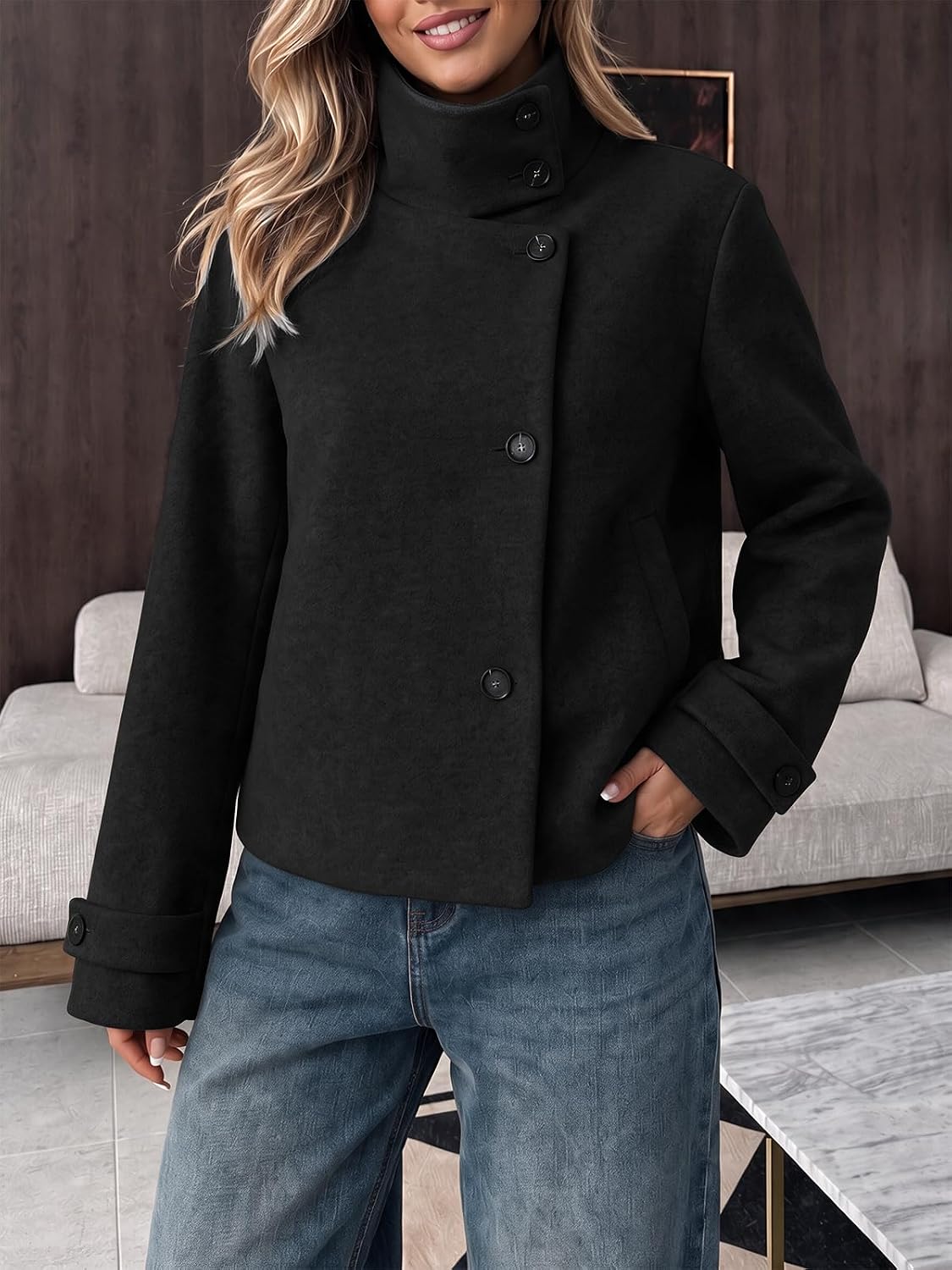 Cicy Bell Womens Cropped Wool Coats Button Down High Neck Short Pea Coats