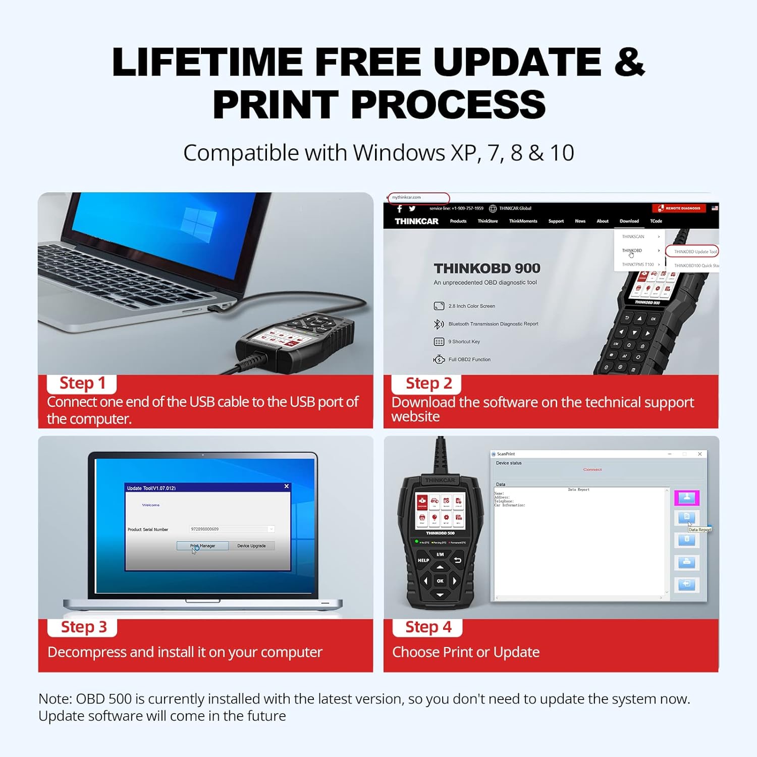 Steps for updating Thinkcar THINKOBD 500 software and printing data