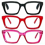 DXYXYO Reading Glasses Women 1.5 Blue Light Blocking, Oprah Style Square Oversized Computer Readers 3 Pack Retro Fashion, Pink+red+black