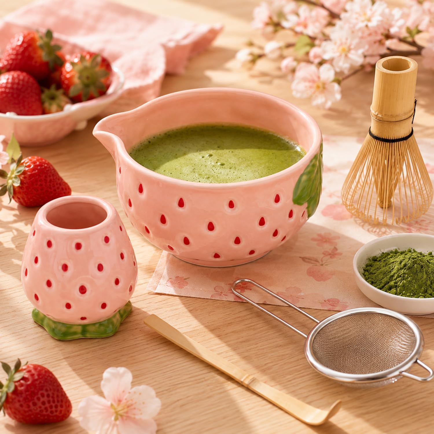 5 Pcs Matcha Whisk Set Pink Matcha Kit Cute Strawberry Design