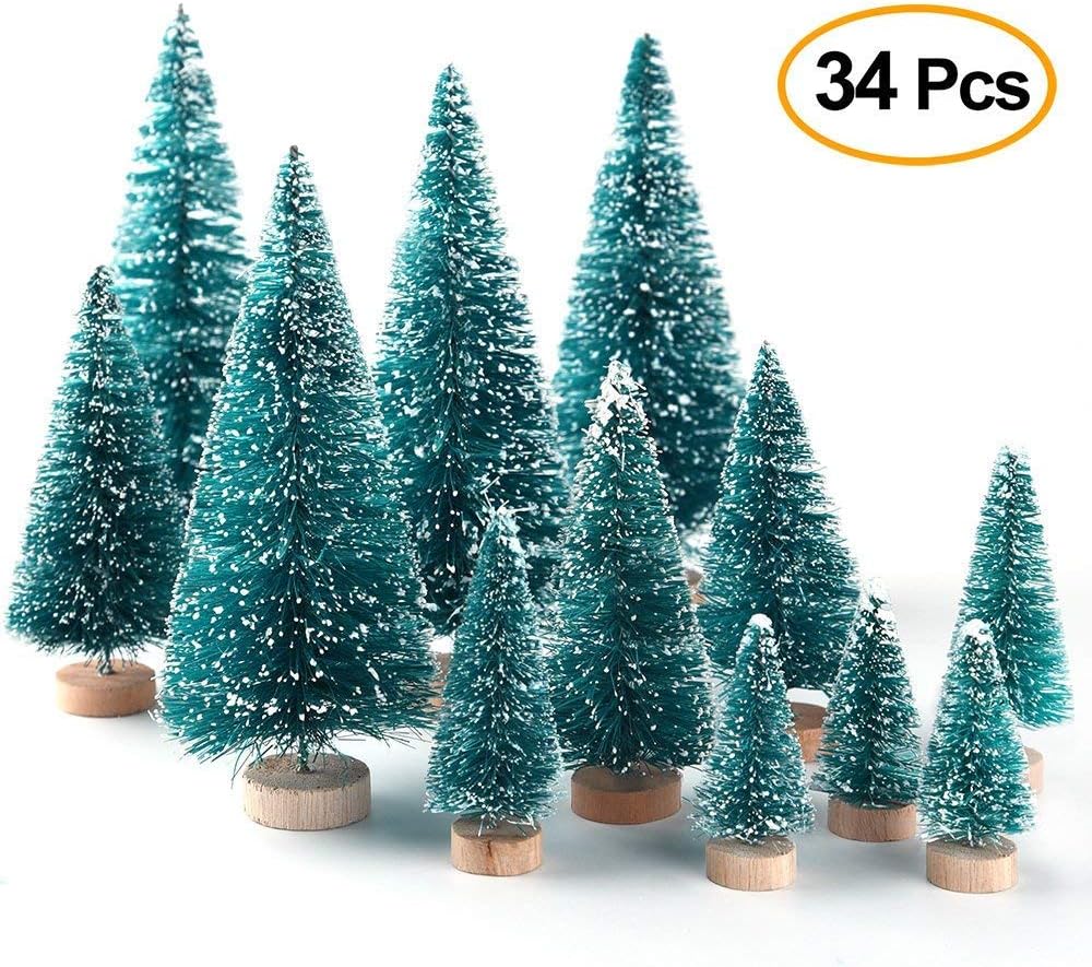 Warooma 34Pcs Mini Sisal Snow Frost Trees Artificial Christmas Trees on Wooden Bases, Xmas Small Pine Tree Party Decorations for DIY Craft Room Decor Home Tabletop Ornaments