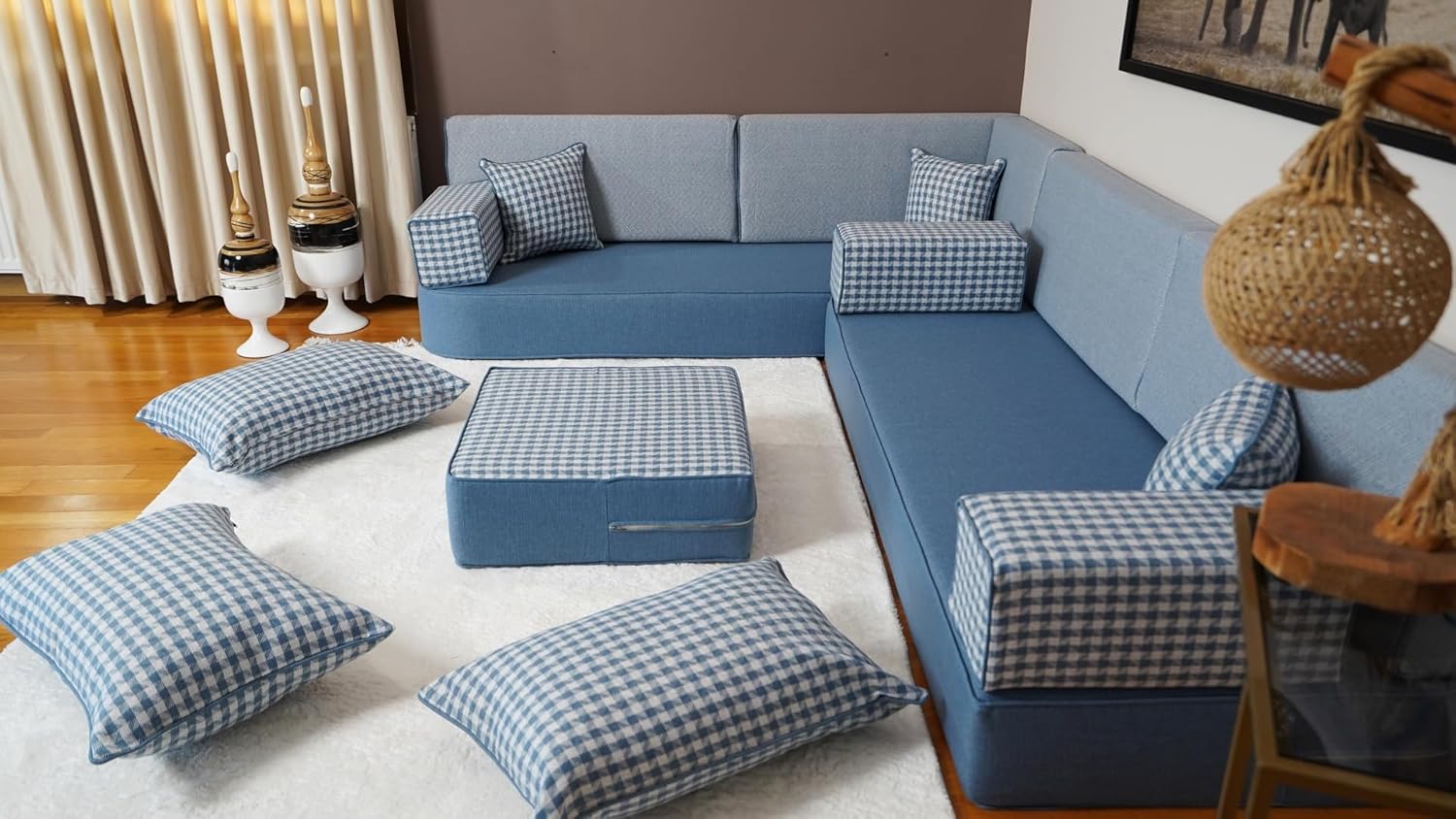 L Shaped Arabic Sofa, Bench Cushion, Arabic Couch, Moroccan Sofa Set, Turkish Floor Sofa, Diwan Sofa, Floor Seating, Arabic Jalsa (8'' Thickness Sofa, L Sofa + Ottoman + Pillows, Blue)