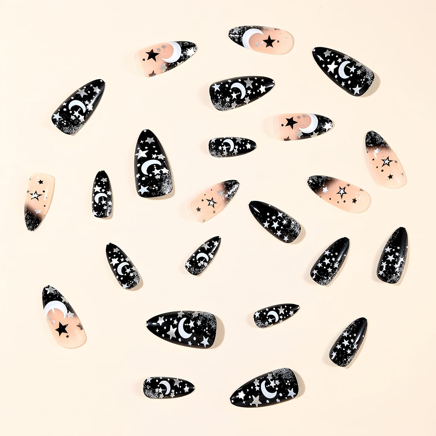 24Pcs Black Press on Nails Medium Almond Fake Nails with Glitter Designs Black White Stars Moon False Nails Full Cover Star Acrylic Nails Glossy Night Sky Moon Stick on Nails for Women Nail Supplies image 4
