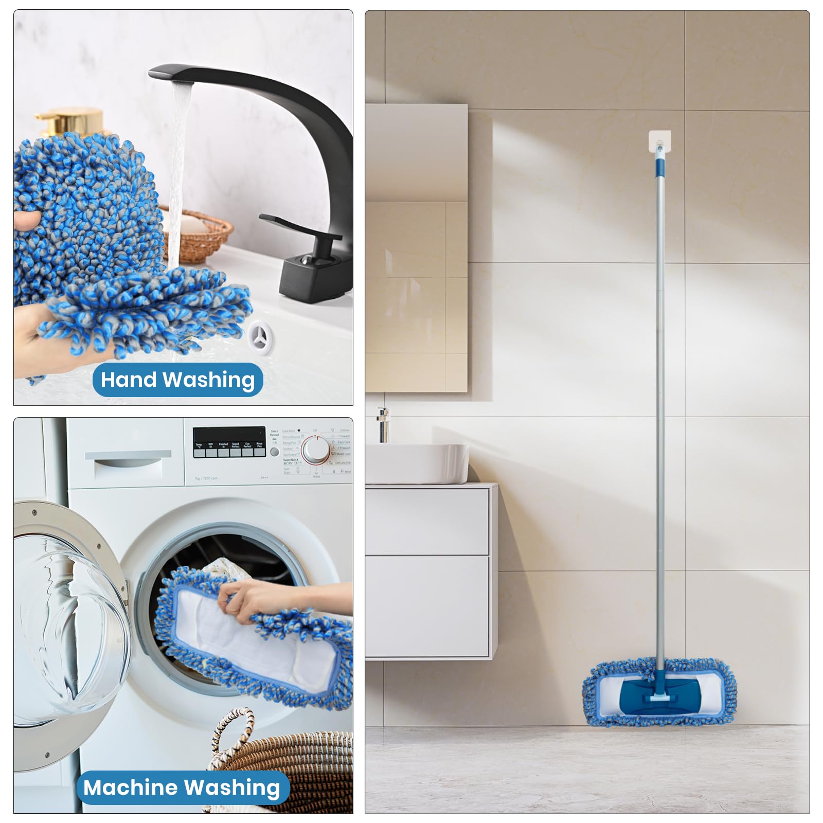 Trapeador de polvo para suelo de madera dura, lavable en húmedo y seco, con mango largo de 58 pulgadas, mopa de microfibra giratoria de 360° para madera, laminado y suelo de baldosas 7
