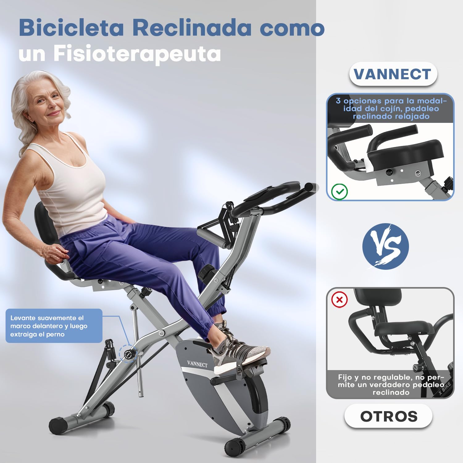 VANNECT Bicicleta Estatica Plegable 5 en 1 con Respaldo y 16 Niveles de Resistencia, Bicicleta Estatica para casa con Banda de Resistencia, Monitor LCD y Medición de Pulso Manual, Capacidad 160 Kg