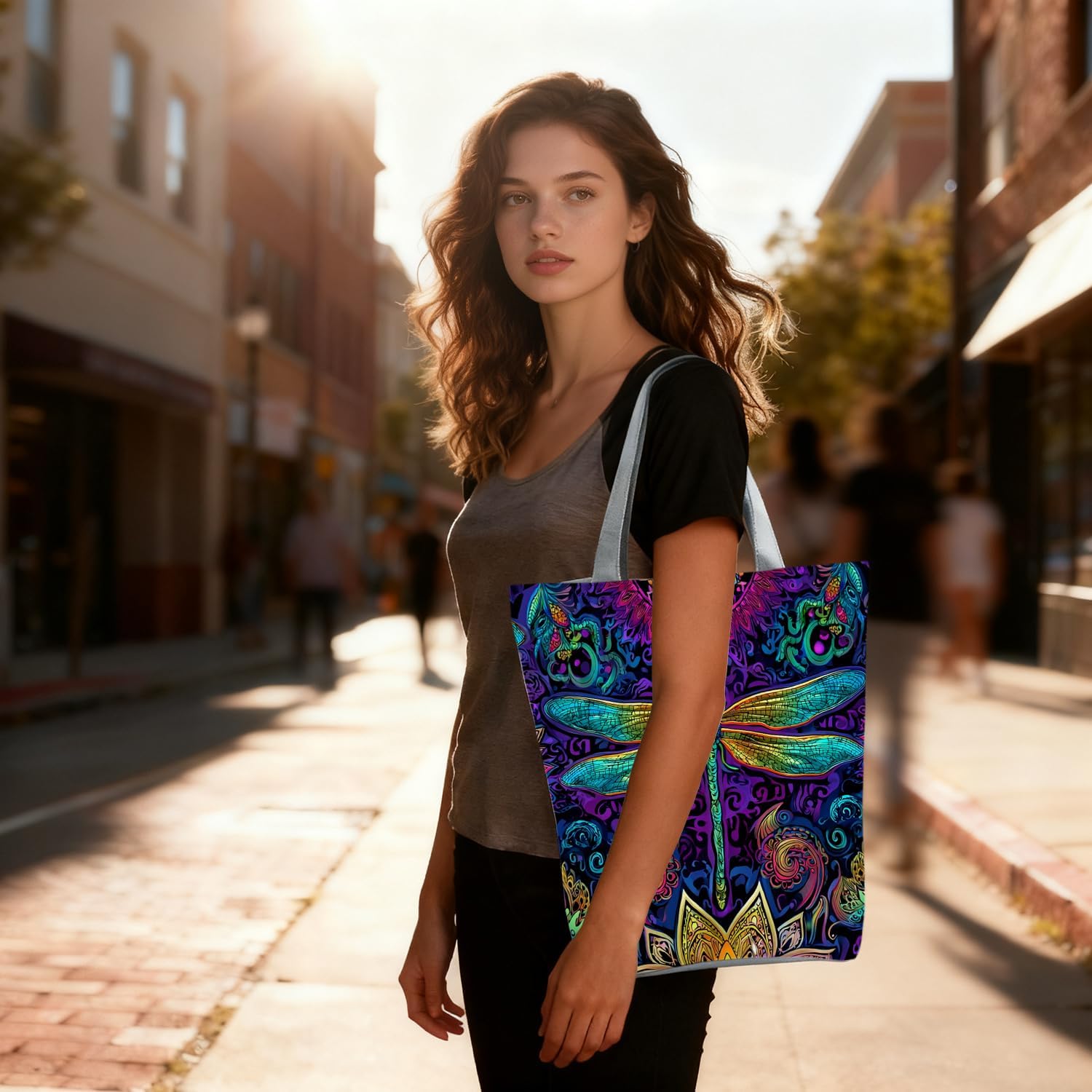Colorful Dragonfly and Floral Pattern Print Tote Bag with Zipper Top Outdoor Activities​ Travel Shoulder Bag Daily Use Handbag Nice Gift Idea for Women Sister and Dragonfly Lovers image 3